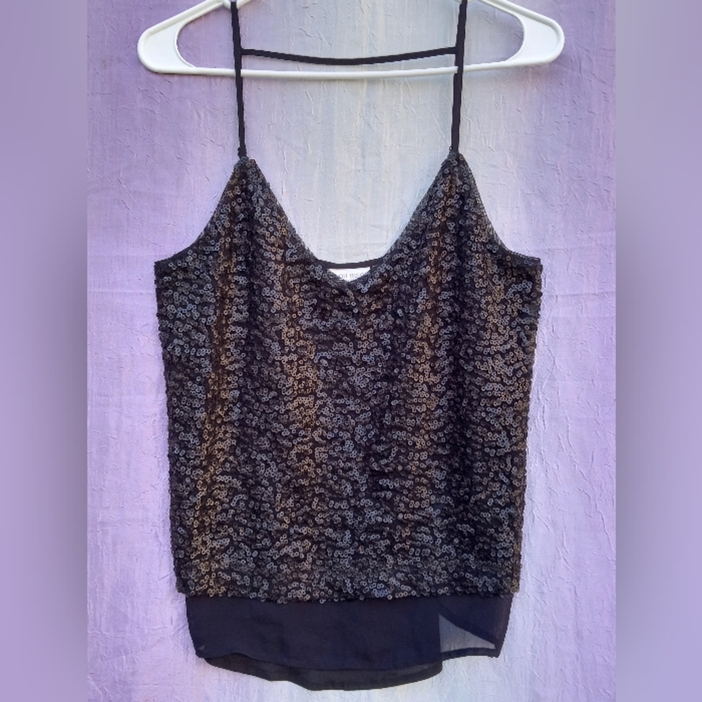 📌 SOLD Womens Tank Top Sequins and Sheer Black Bisou Bisou Dressy Top/Layering